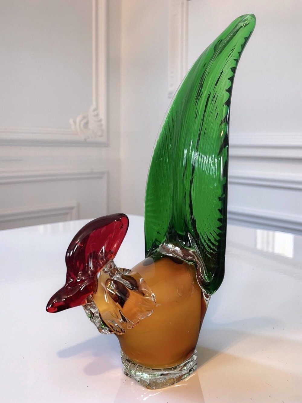 Murano Style Bright Colored Rooster Glass Art Sculpture 10" Tall Orange - Green
